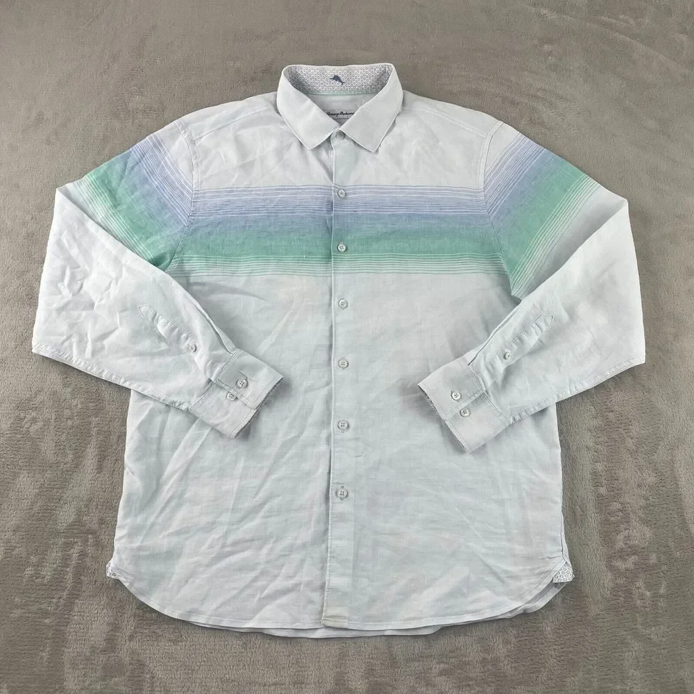 Tommy Bahama Shirt Men Large Blue Striped‎ Linen Blend Long Sleeve Beach NWOT
